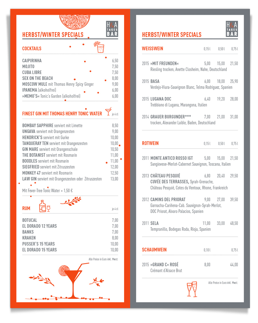 herbst winter special in der Tages- und Tapasbar, Cocktails, Finest Gin, Rum und Wein im Restaurant