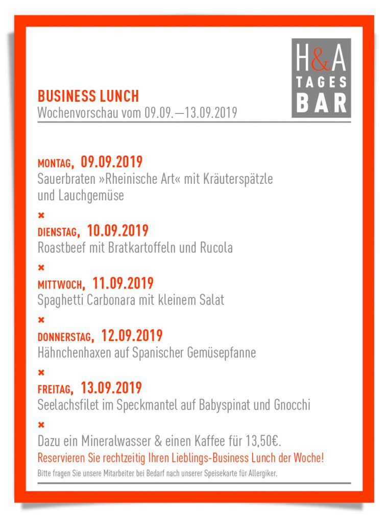 Die Speisekarte der HA-Tagesbar mit der Mittagskarte, Business Lunch im Herzen von Köln, Weinbar und Tapas Bar am Ring
