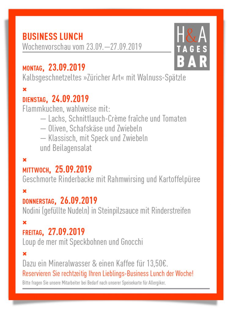 Die Tagesbar mit der Mittagskarte, Business Lunch undTapas in Köln