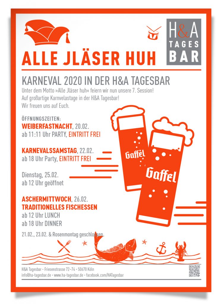 Karneval 2020 in Köln, in der Tages bar ALLE JLÄSER HUH, wir feiern unsere 7 Session, Öffnungszeiten:
Weiberfastnacht und Karnevalssamstag