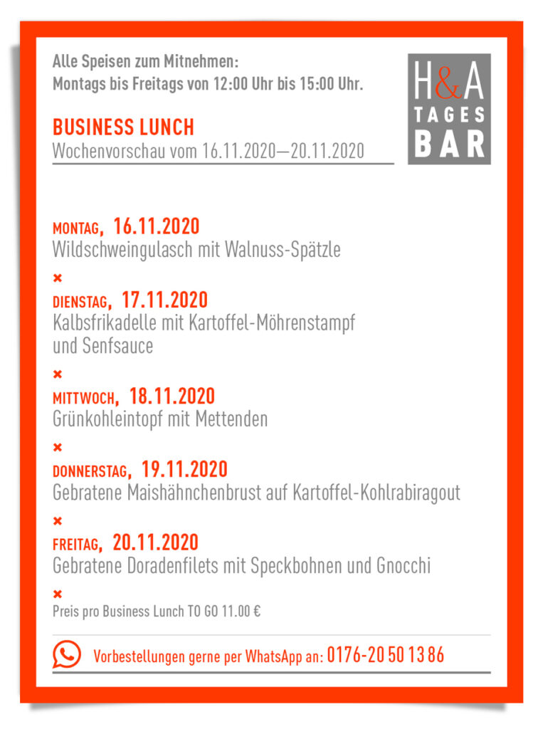 Der Business Lunch in der Tagesbar in Köln, Take Away , und Togo Food in Köln, Cologne Food