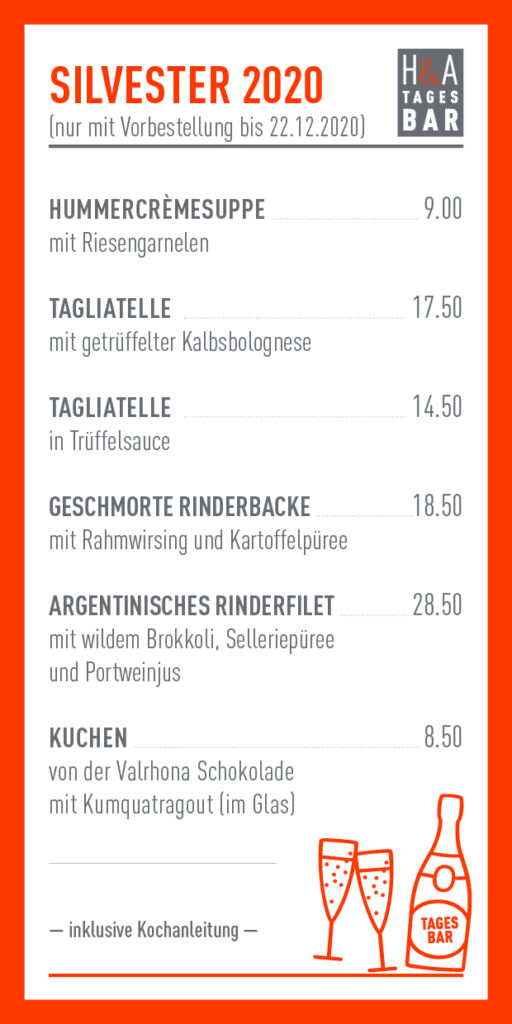 Silvestermenü in der Tagesbar, Heising & Adelmann Friesenstrasse Silvesterkarte