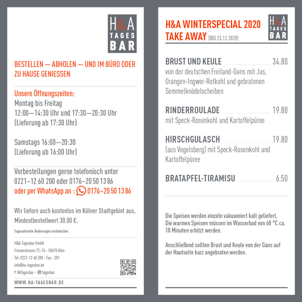 Winterspecial Speisekaret mit Hirschgulasch, Rinderroulade, Brust und Keule von der Gans, im Friesenviertel Köln