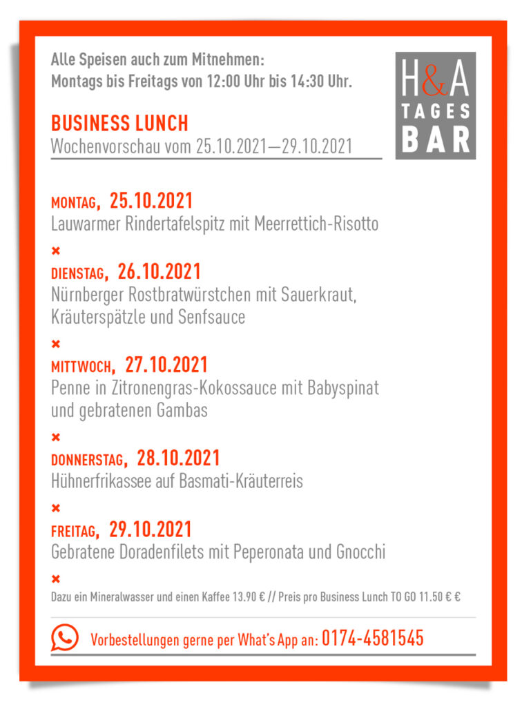 Die Speisekarte Business Lunch, Tagesbar Restaurant am Friesenplatz, Tapasbar in Köln