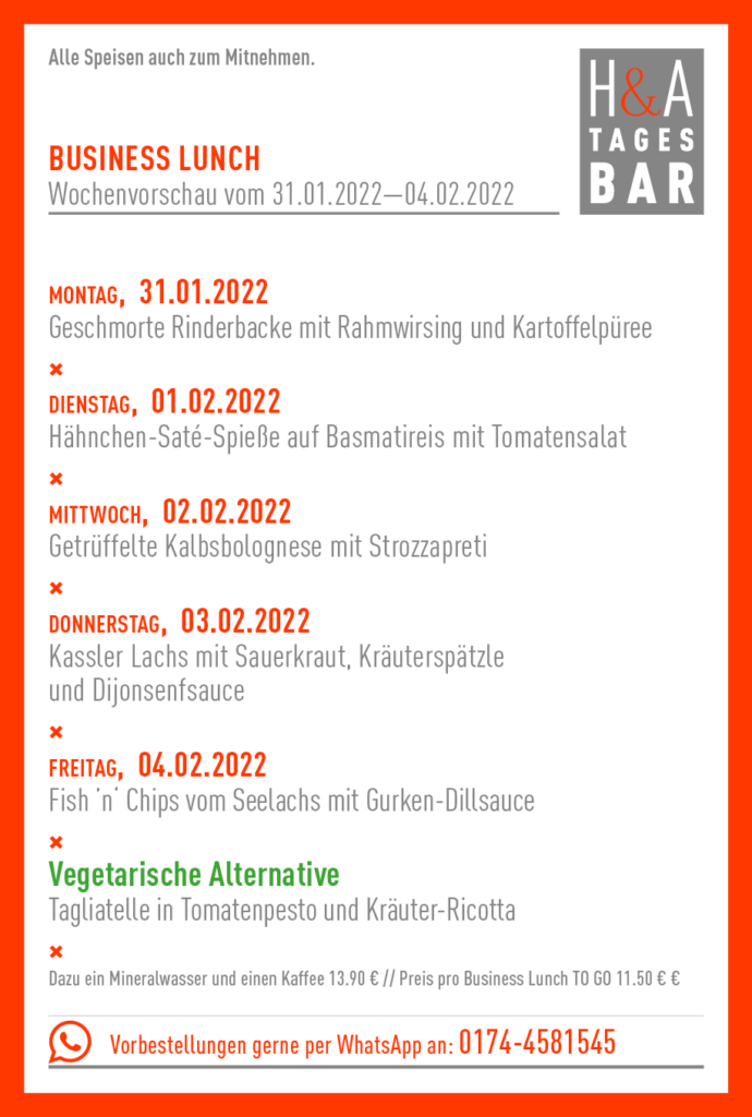 Die Tagesbar in Köln mit der Mittagskarte, Business Lunch zum mitnehmen, Cologne Food und Tapas am Friesenplatz