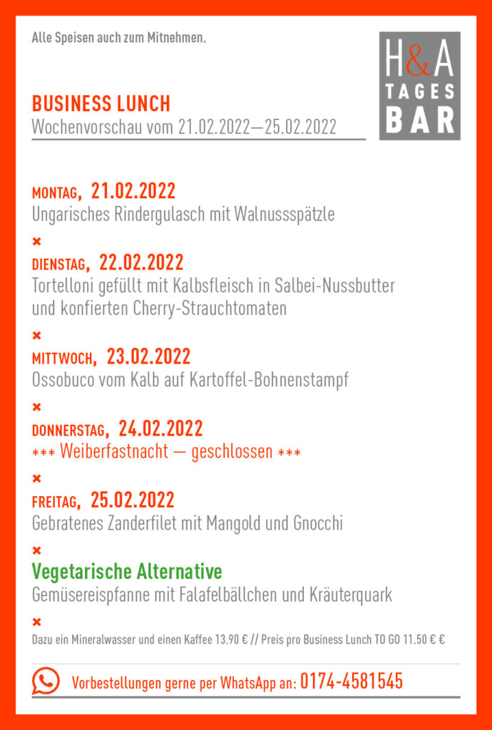 H und A Tagesbar in Köln, Die Tapasbar am Friesenplatz, Der Business Lunch und die MIttagskarte