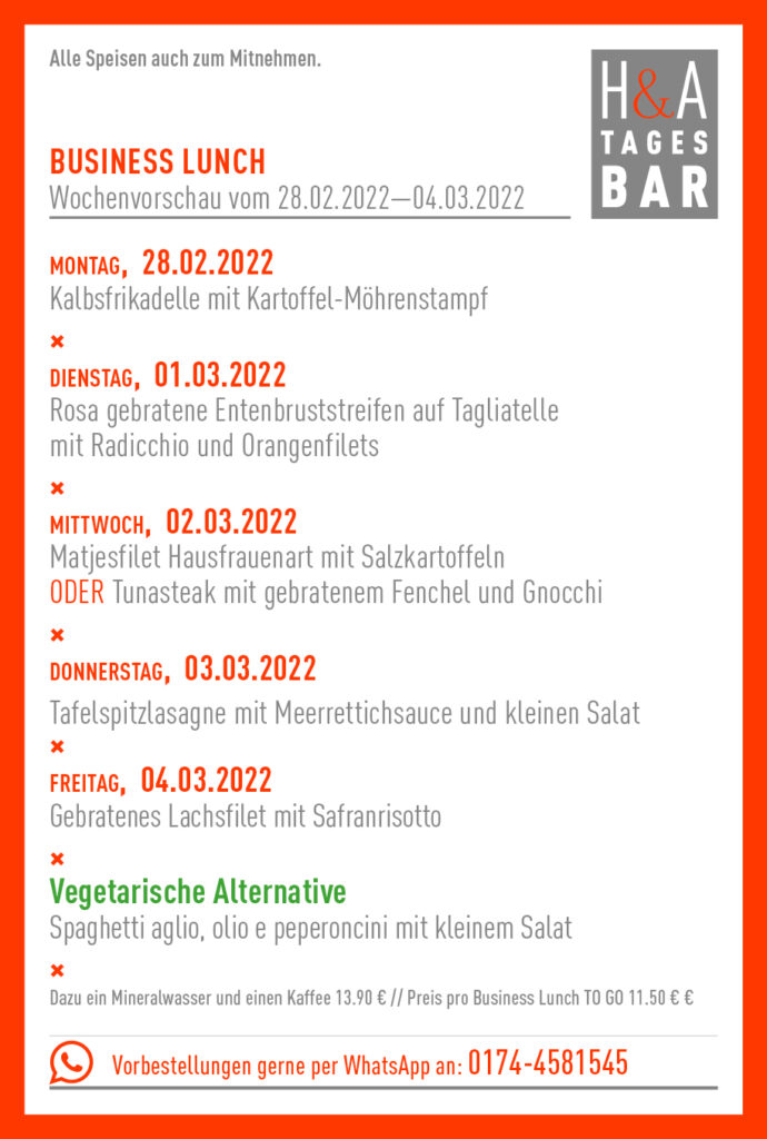 Der Business Lunch in Köln, Mittagskarte Restaurant Friesenstrasse in Köln, Tapas und Weinbar in Köln