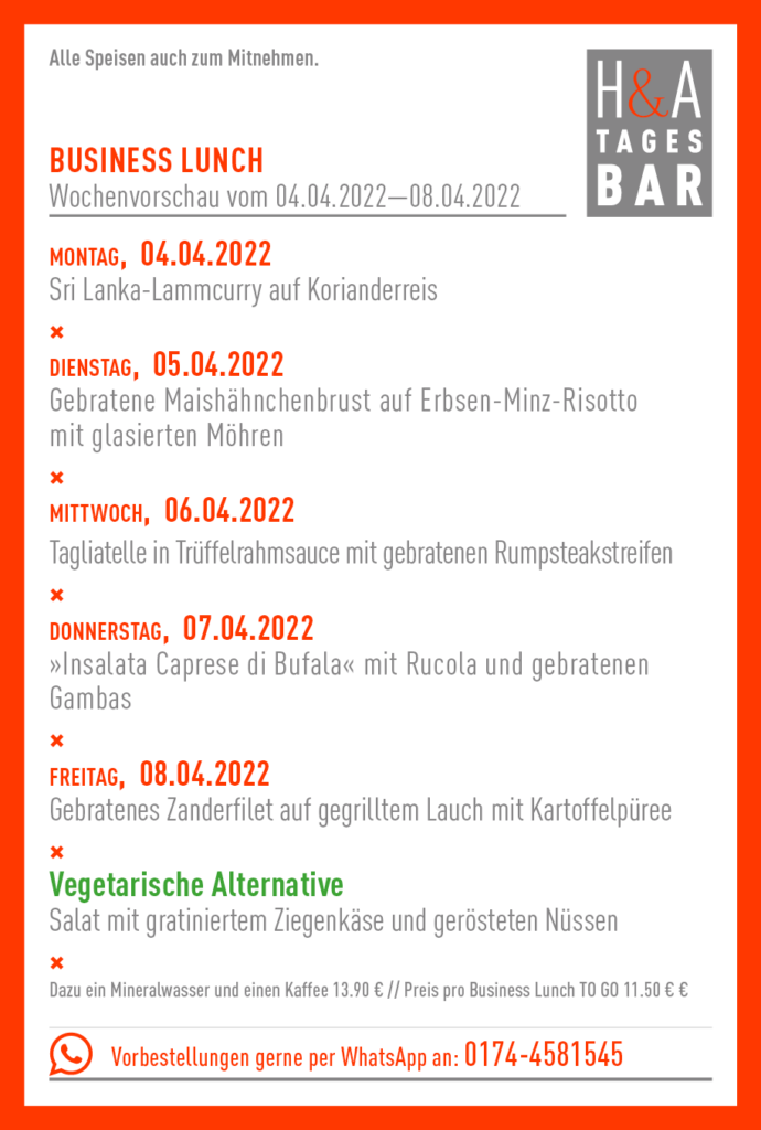 Das Restaurant HundA Tagesbar in Köln, am Friesenplatz mit der MIttagskarte und Business Lunch