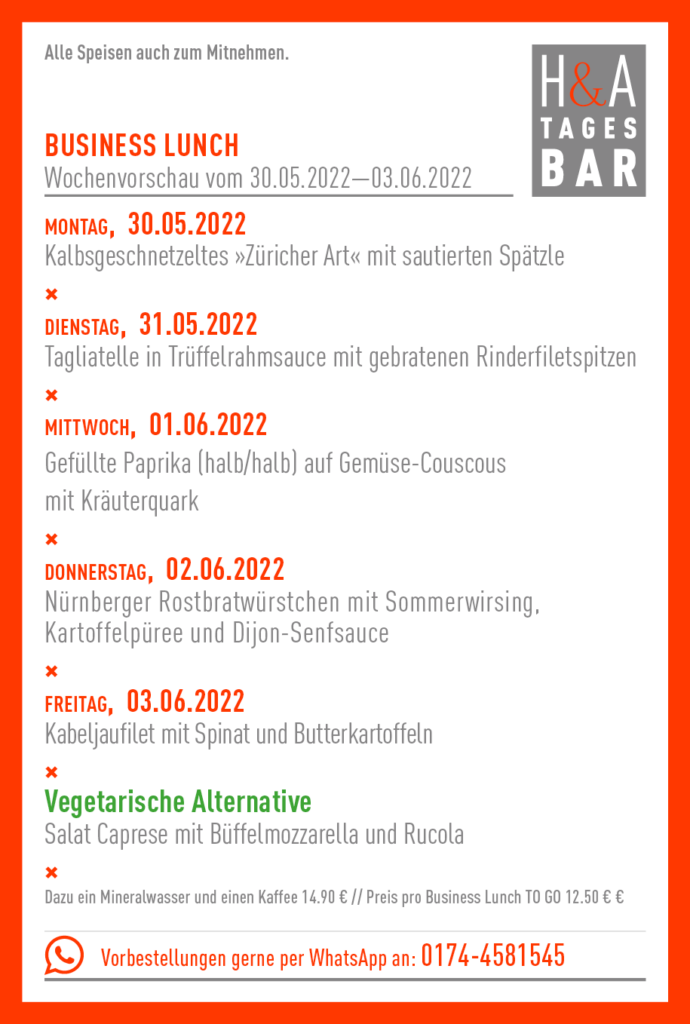 Die Speisekarte von H&A Tagesbar, Mittagskarte mit Tapas und Weinbar, Friesenstrasse Friesenplatz Restaurant unf Bar Tagesbar