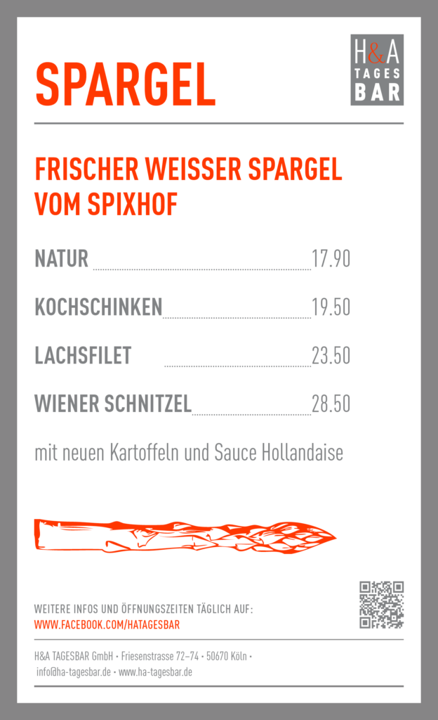 Die Spargelzeit ist wieder da; Spargelkarte in der Tagesbar