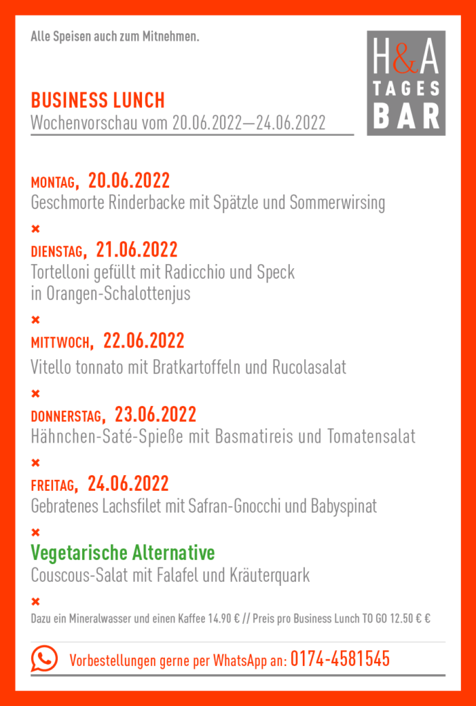 Restaurant und Tagesbar, Weinbar mit Business Lunch, Mittagskarte im Herzen von Köln