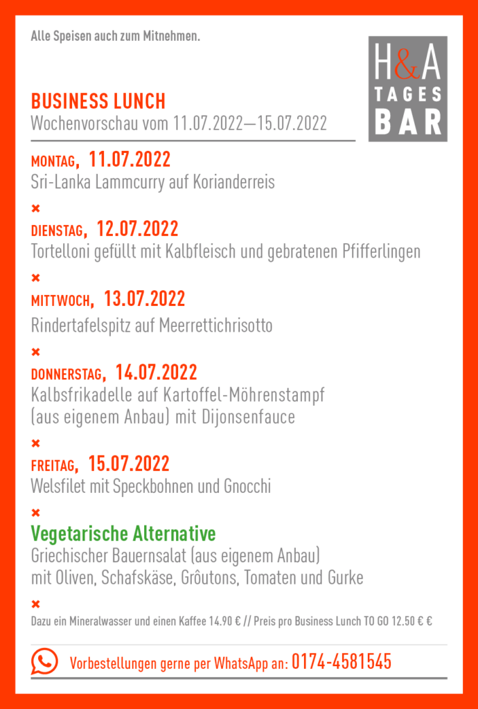 Die Mittagskarte der H&A Tagesbar ; Restaurant in der Friesenstrasse in Köln