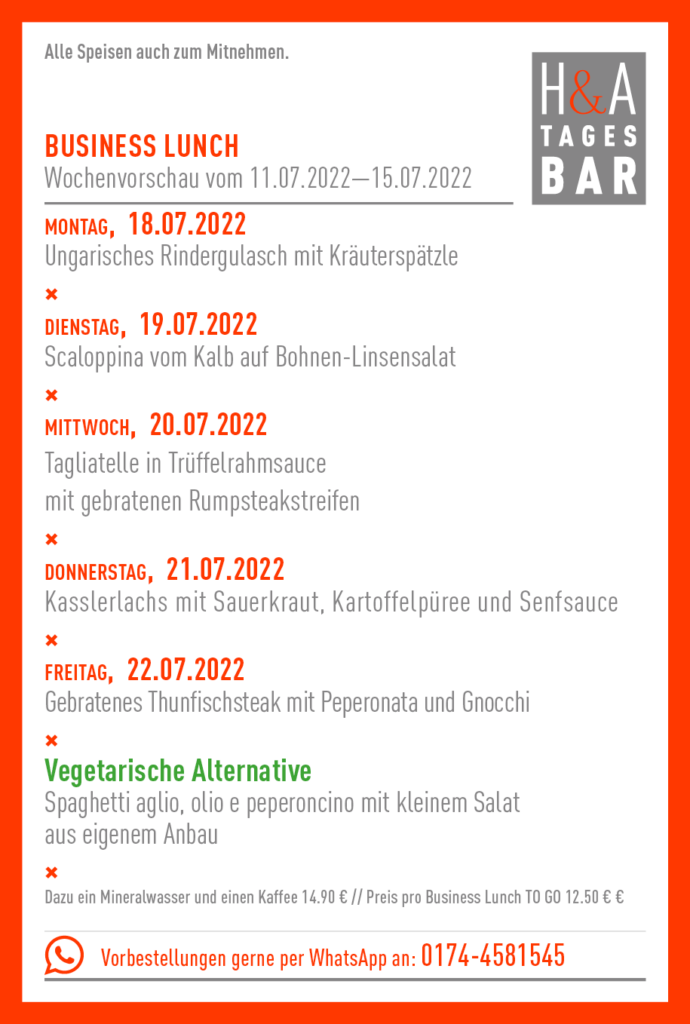 Die Tagesbar in Köln, Restaurant am Friesenplatz mit der MIttagskarte, Business Lunch