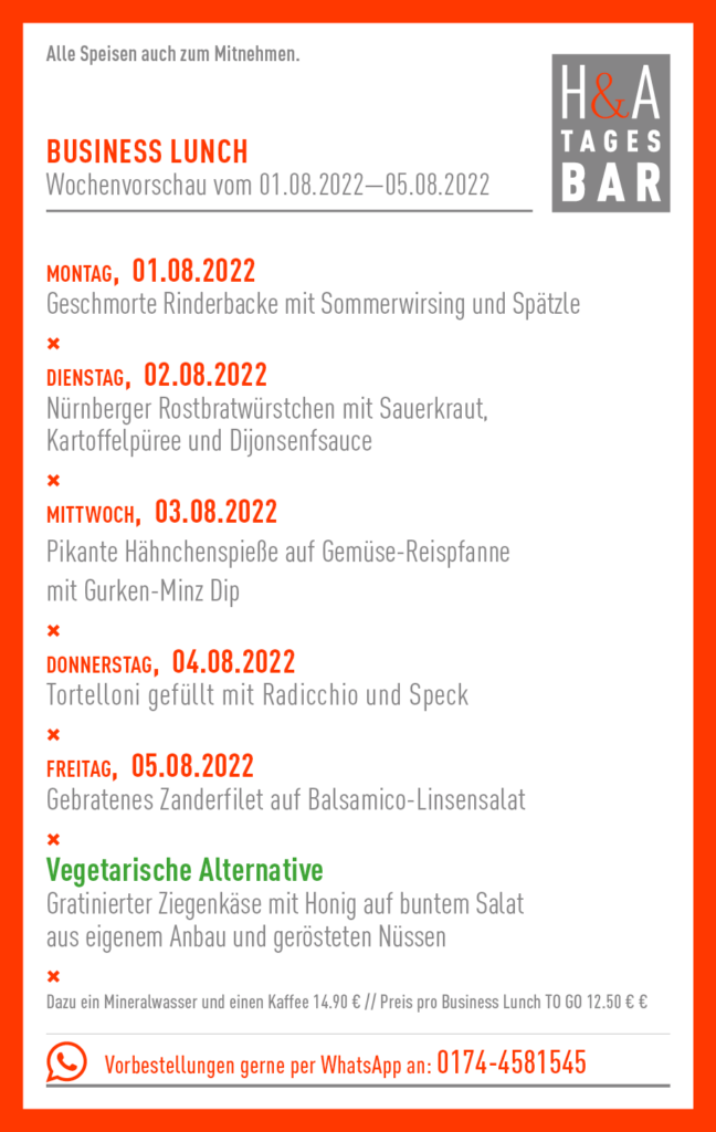 Restaurant und Tagesbar in Köln, Mittagskarte und business Lunch, Lunch in cologne