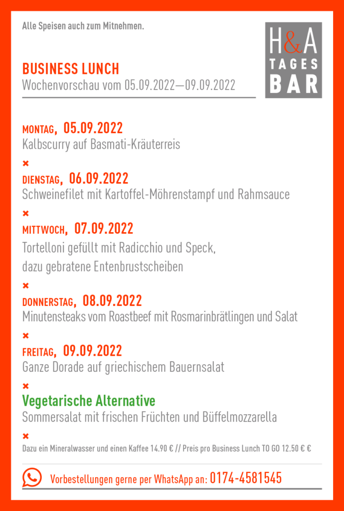 Mittagskarte in Köln, Cologne Food, Business Lunch in der Tagesbar am Friesenplatz , die Weinbar