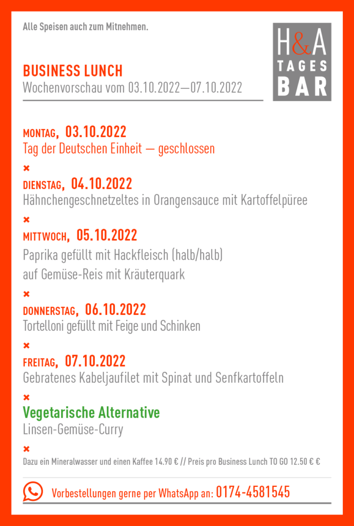 Mittagskarte, Restaurant am Friesenplatz, Weinbar Tapasbar