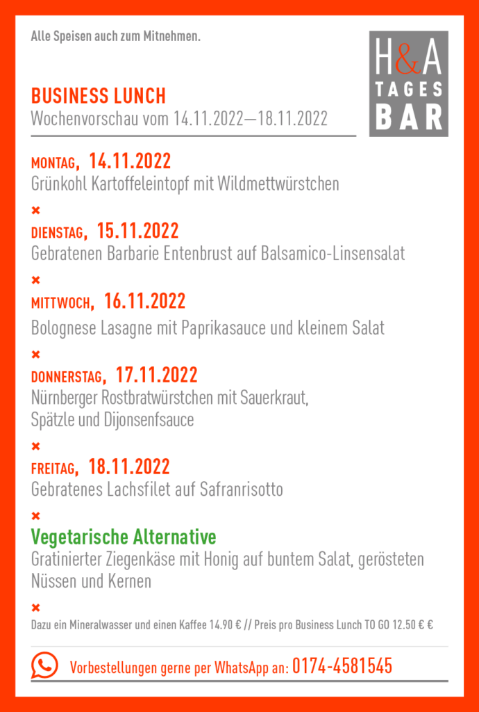 Tagesbar am Friesenplatz in köln, Cologne Food, Mittagskarte, Tageskarte