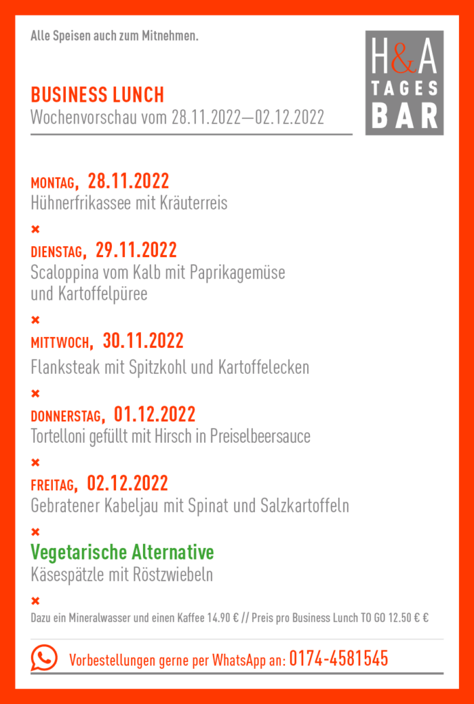 Advends Essen am Friesenplatz, Weihnachtskarte und Mittagskarte im Restaurant am Friesenplatz