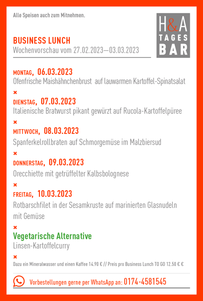 Die Tagesbar in Köln, Business Lunch und Mittagskarte im Herzen von Köln, Restaurant und Tapasbar auf der Friesenstrasse