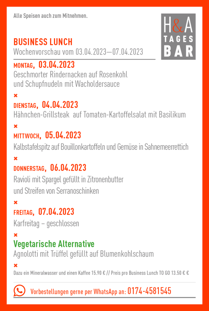 Business Lunch in Köln, Mittagessenangebot im Retsaurant Cologne Food, Weinbar und Tapasbar 