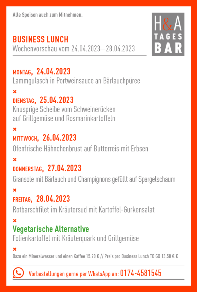 Die Tagesbar in Köln, Business Lunch undf Mittagskarte, Meeting im Restaurant, Tapasbar