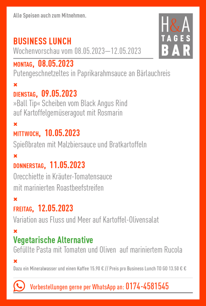 Cologne Food, Business Lunch Cologne, Mittagskarte am Friesenplatz für die Kalenderwoche 19 in 2023, in der Tapas und Tagesbar 