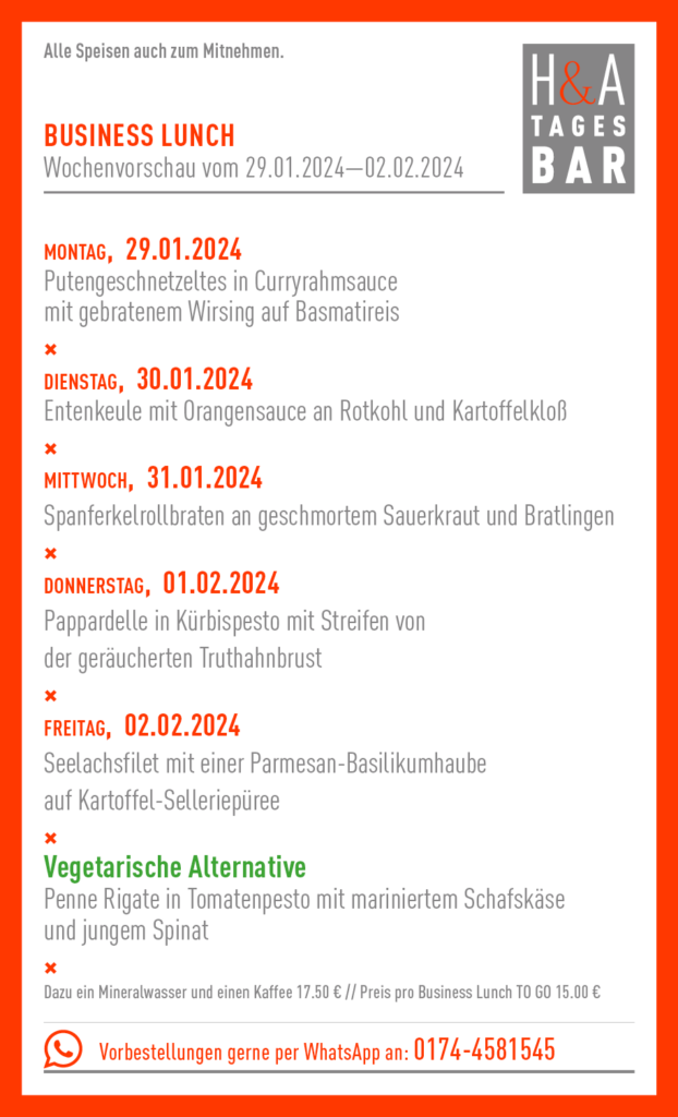 Die HundA-Tagesbar in Köln mit Business Lunch und Mittagskarte
