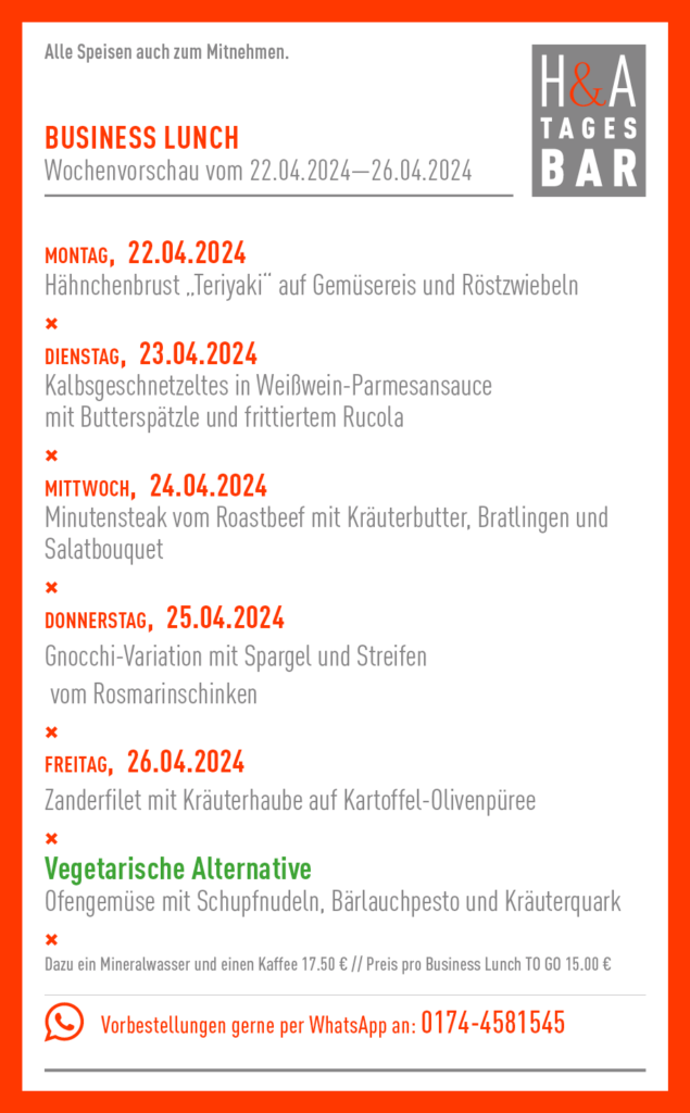 Mittagskarte, Mittagessen in Köln am Friesenplatz, BUsiness Lunch
