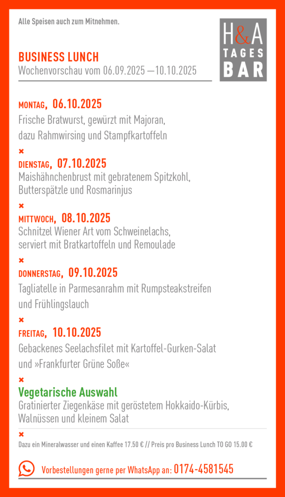 Business Lunch, MIttagskarte in der Bar am Friesenplatz, Restaurant und TapasBar