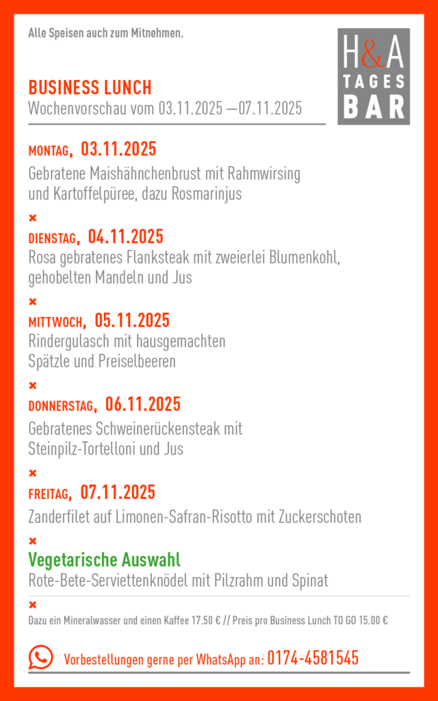 ha Tagesbar in Köln mit Business Lunch, Mittagskarte am Friesenplatz