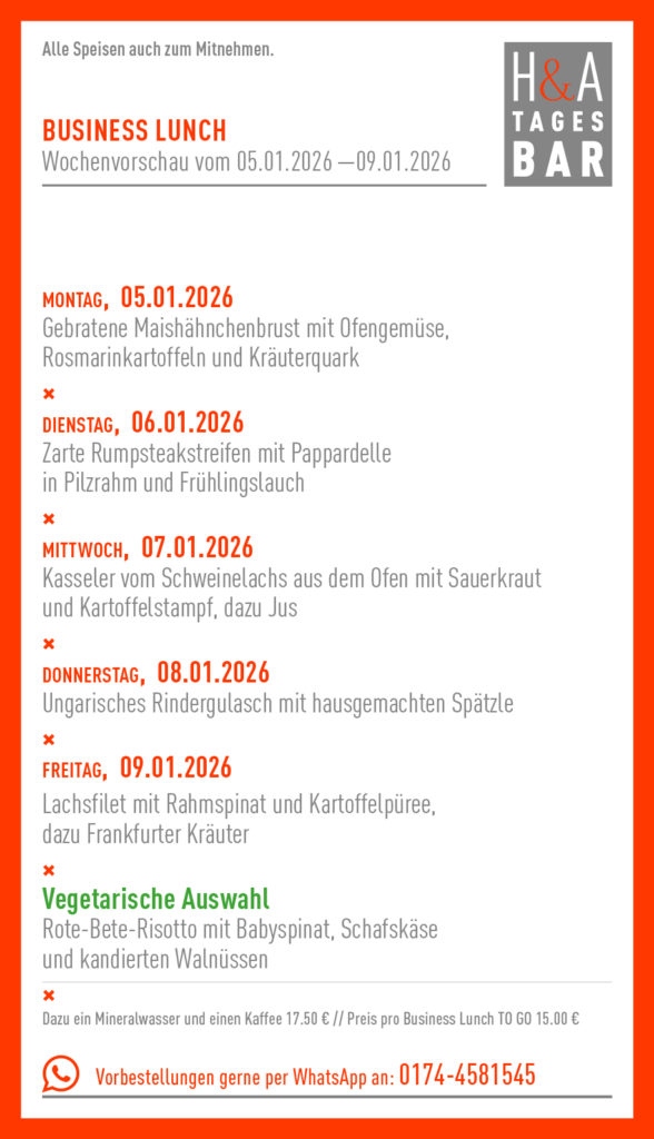 H&A Tagesbr mit der mIttagskarte, Business Lunch in Köln, Cologne Food