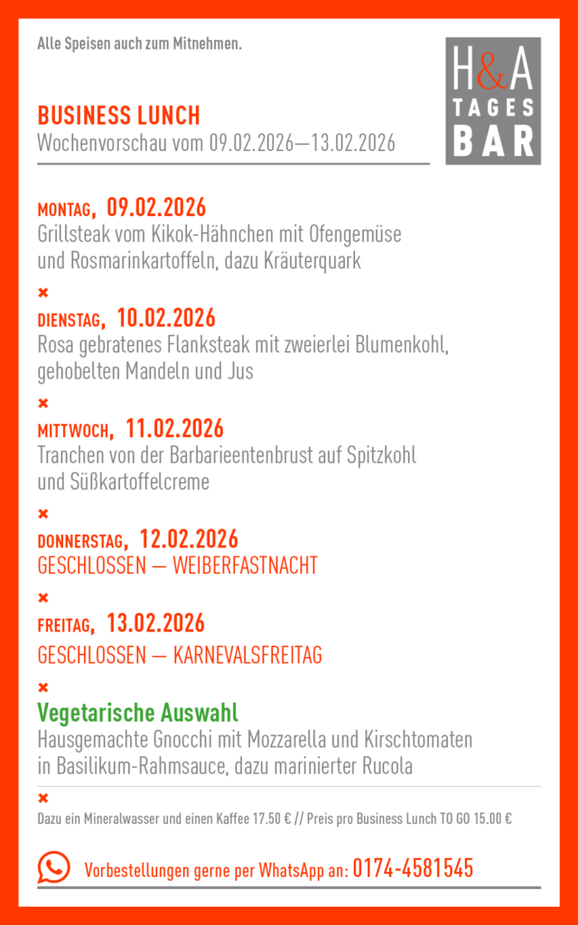 Die Tagesbar in Köln, Business Lunch und MIttagskarte am Friesenplatz