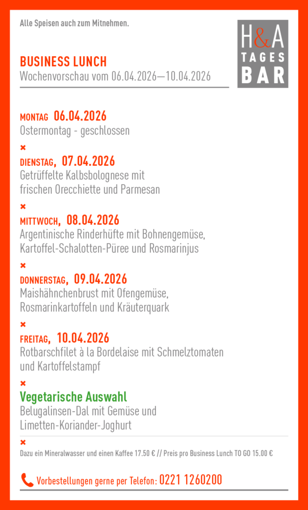 tagesbar in Köln, mittagskarte, Business Lunch 