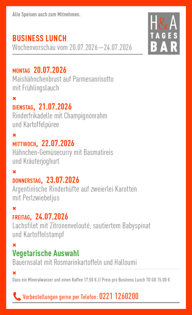 Business Lunch in Köln, Mittagskarte im Restaurant am Friesenplatz, ausgewählte Gerichte