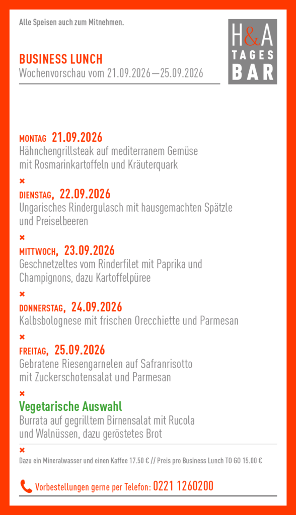 BUSINESS LUNCH KW39 auch zum Mitnehmen, Mittagskarte