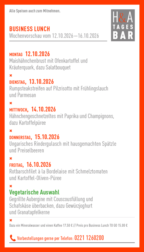 Die Tagesbar in Köln, ein restaurant mit Mittagslkarte und Business Lunch am Friesenplatz 
